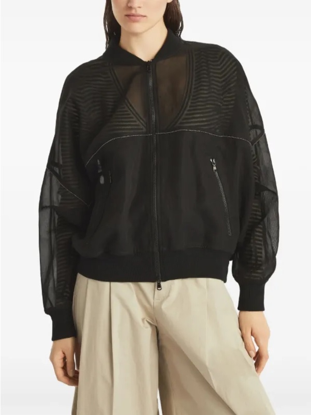 Brunello Cucinelli Cotton Organza Bomber Jacket with Monilli Trim
